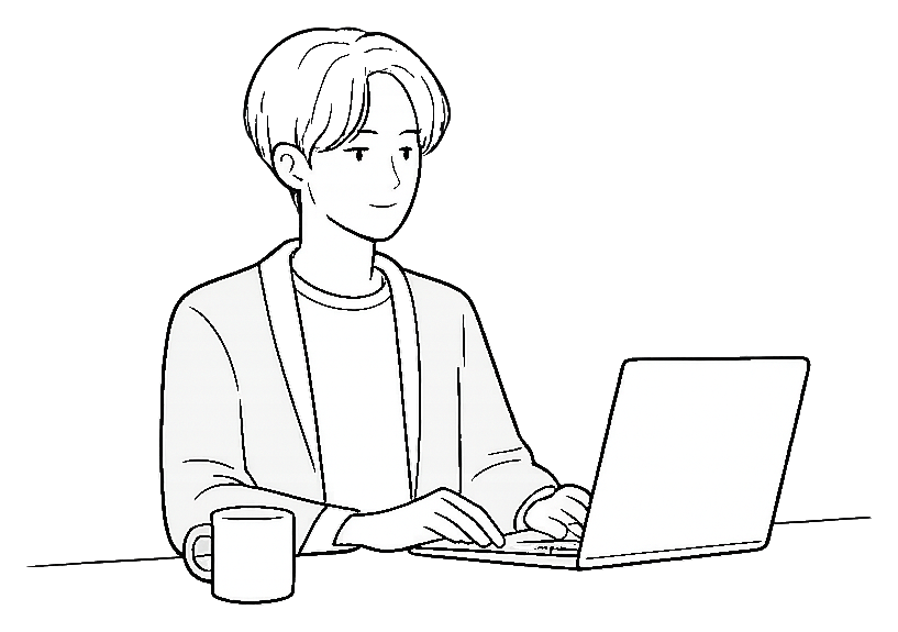 ノートPCで作業する矢野祐希のイラスト